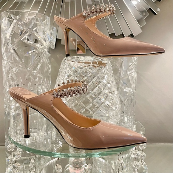 STUNNING CRYSTAL EMBELLISHMENT NUDE PATENT MULES WORN ONCE - Picture 4 of 6